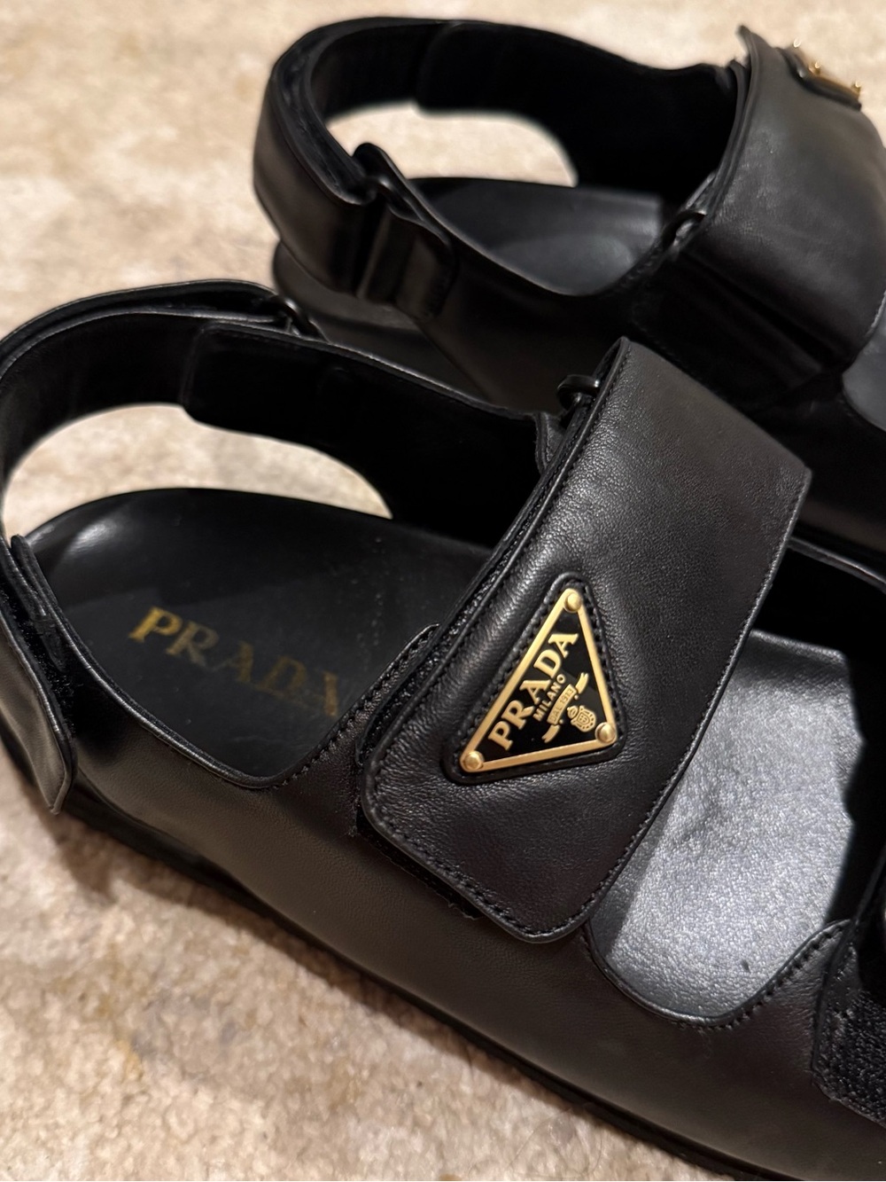 Prada Women’s Black Leather Dual-Strap Sandals with Gold Logo - Picture 3 of 8